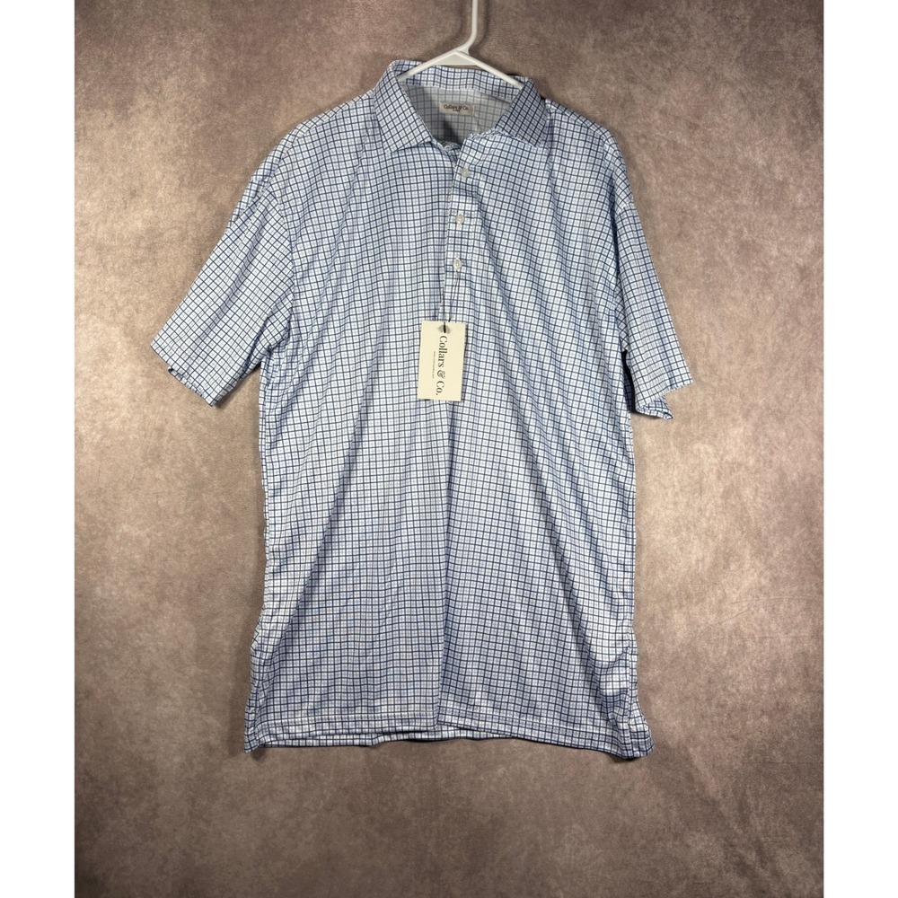 Collars & Co Polo Shirt Mens XL Blue Dress Collar Plaid Performance Stretch NEW